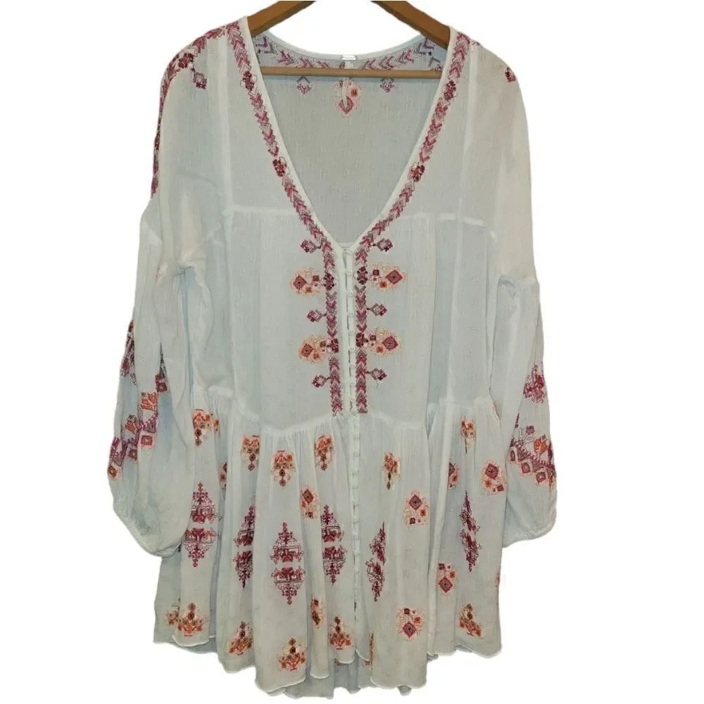 Free People Arianna White Red Embroidered Bohemian Tunic Mini Dress S - Picture 4 of 15